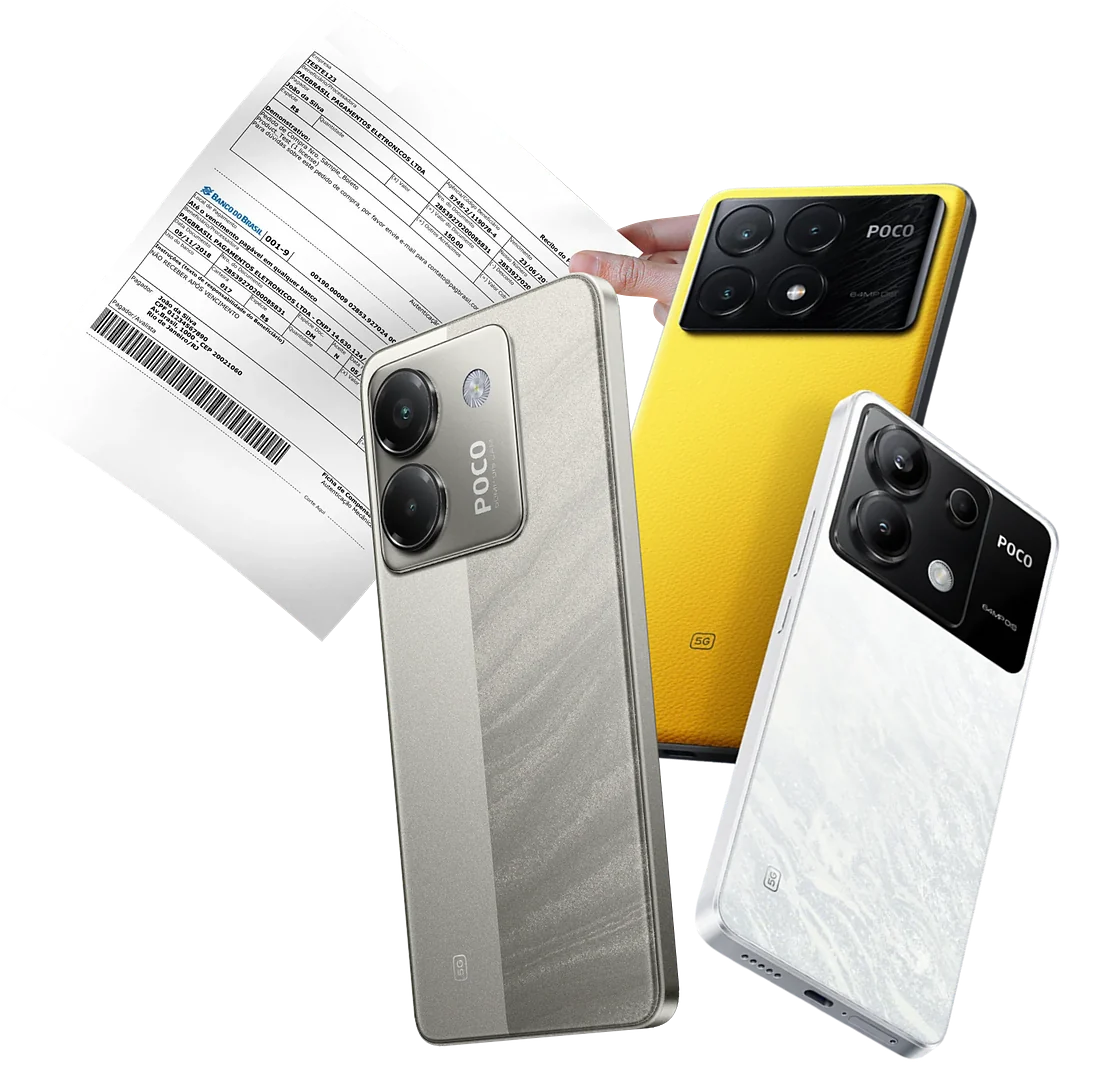 Três celulares Xiaomi POCO, nas cores cinza, amarela e branca, na frente de um boleto bancário impresso