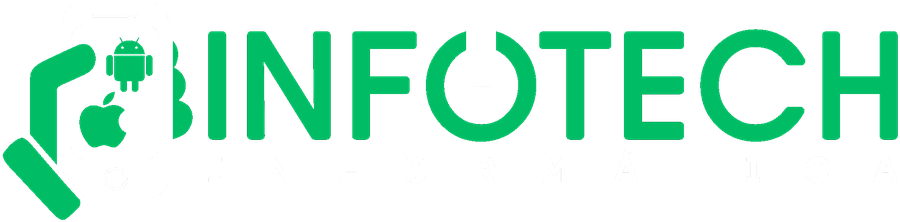 Infotech Informática: logo com mão segurando celular com os ícones Android e Apple, e a palavra INFOTECH com o O em forma de botão power